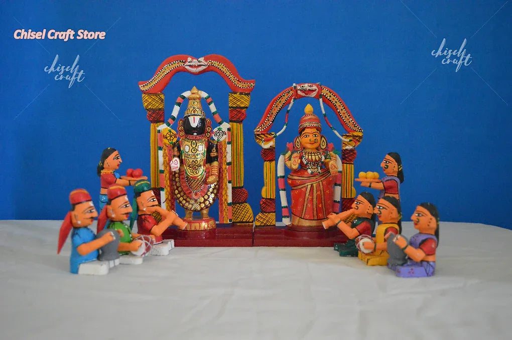 Wooden Kondapalli Lord Balaji and Padmavathi with Classical Musicians - ArtyCraftz.com
