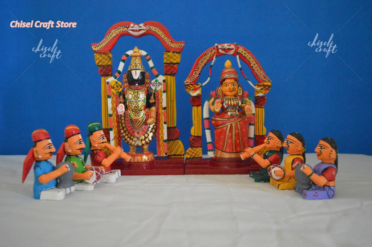 Wooden Kondapalli Lord Balaji and Padmavathi with Classical Musicians - ArtyCraftz.com