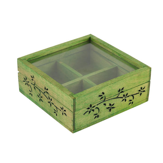 Wooden Multi-Compartment Green Storage Box with Glass Lid-ArtyCraftz.com
