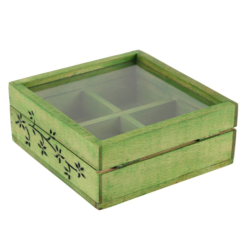 Wooden Multi-Compartment Green Storage Box with Glass Lid-ArtyCraftz.com