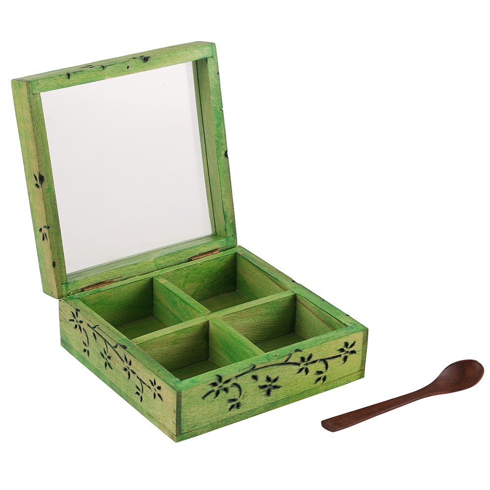 Wooden Multi-Compartment Green Storage Box with Glass Lid-ArtyCraftz.com