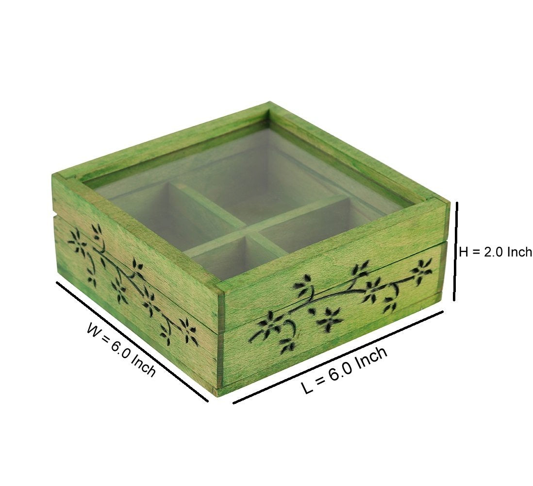 Wooden Multi-Compartment Green Storage Box with Glass Lid-ArtyCraftz.com