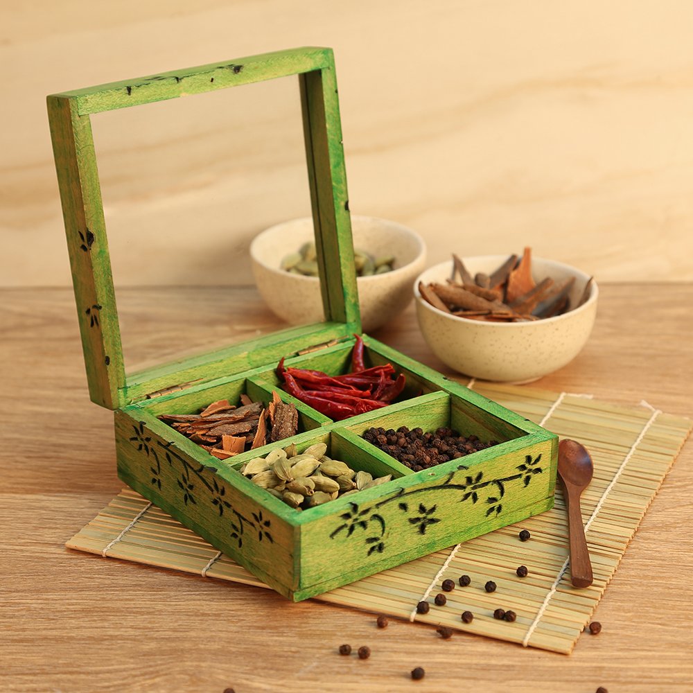 Wooden Multi-Compartment Green Storage Box with Glass Lid-ArtyCraftz.com