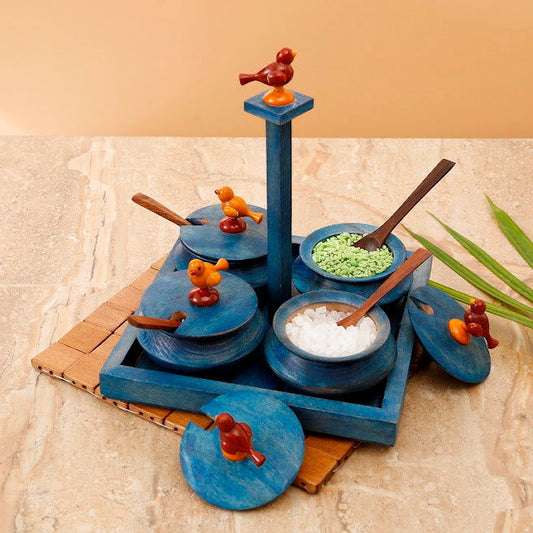 Wooden Parrot Jar Set With Tray & Spoon In Blue - Decorative Boxes, Spice Rack - ArtyCraftz.com