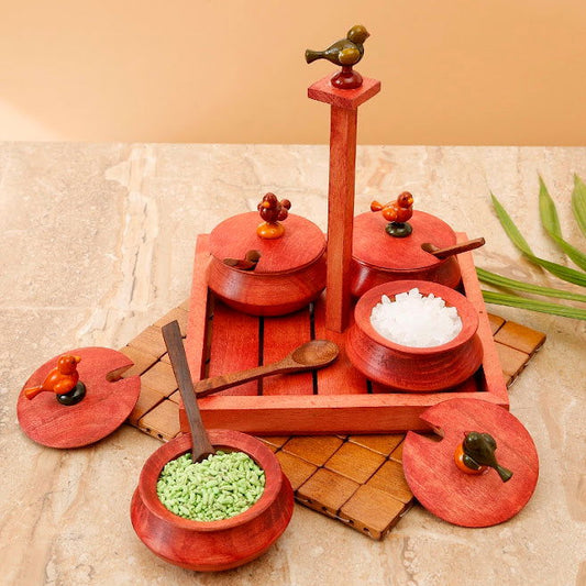 Wooden Parrot Jar Set With Tray & Spoon In Red - Decorative Boxes, Spice Rack, Spice Jar - ArtyCraftz.com