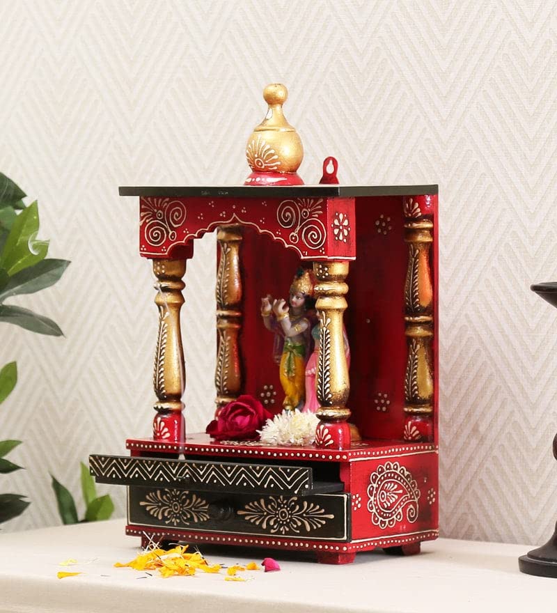 Wooden Red Pooja Mandir Without Door-ArtyCraftz.com