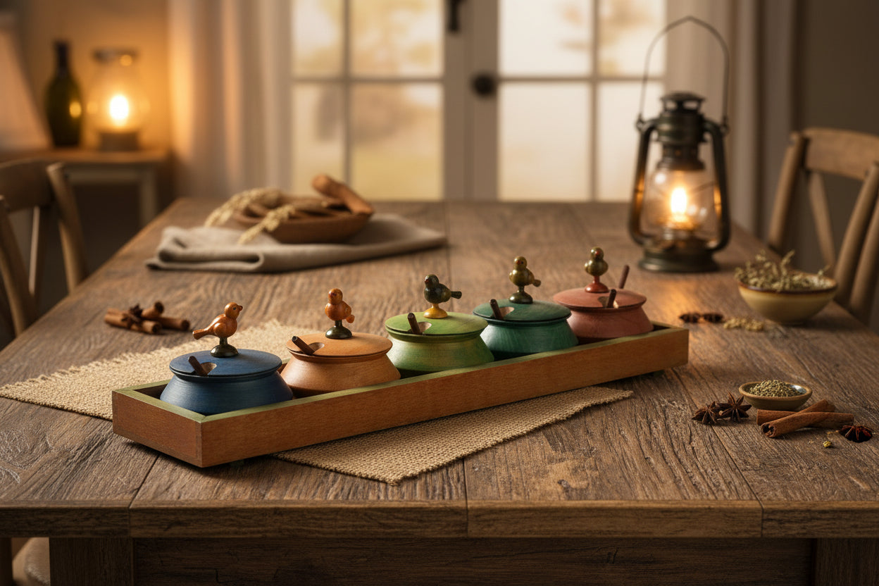 Wooden Spice Box Set with 5 Jars and Spoon-ArtyCraftz.com