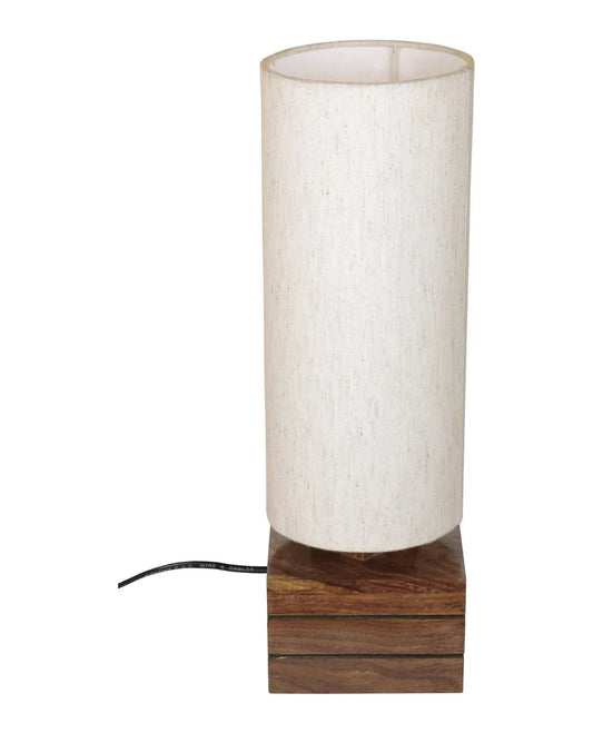 Handcrafted 40 cm wooden table lamp with off-white cylindrical linen fabric shade and stepped geometric mango wood square base — modern minimal home decor lamp — ArtyCraftz
