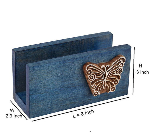 Wooden Tissue Paper Holder In Blue With Butterfly Engraved Block -Tissue Stand - ArtyCraftz.com