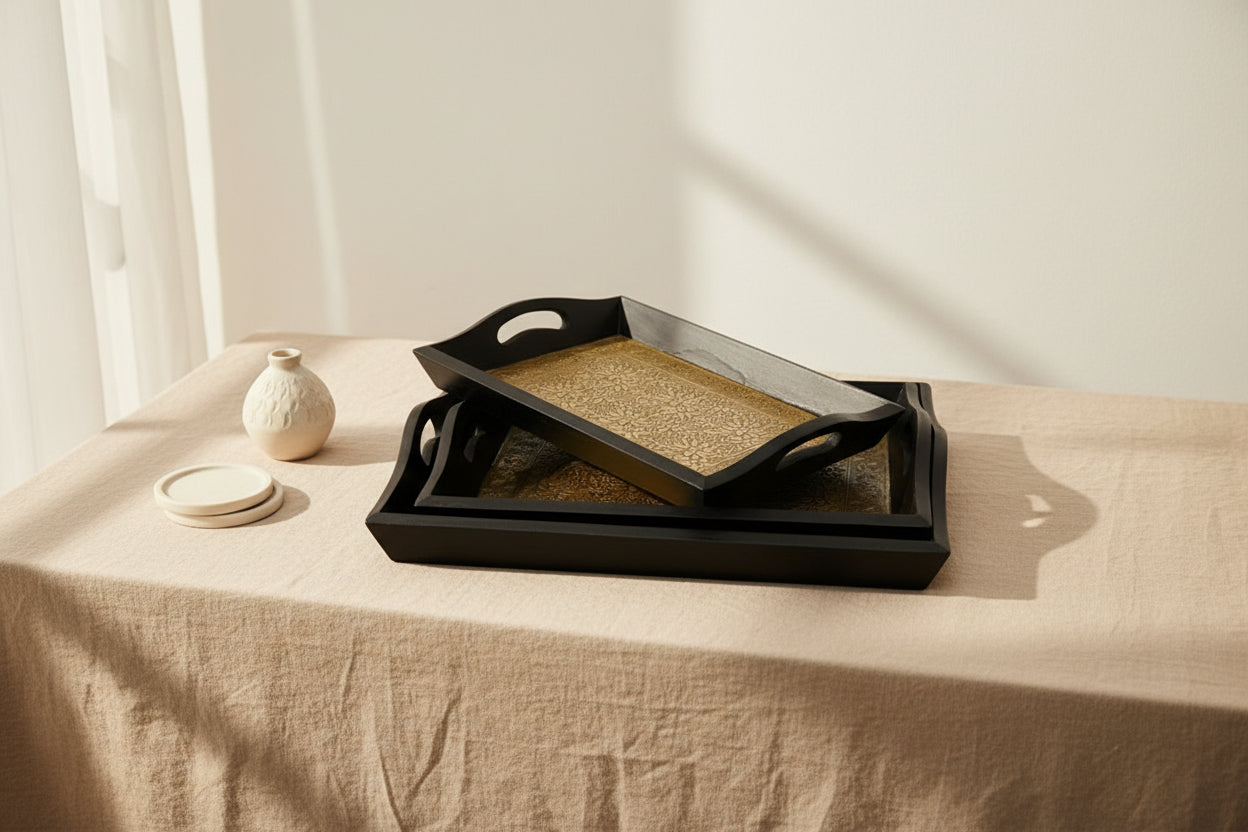 Wooden and Brass Floral Engraved Foil Serving Tray-ArtyCraftz.com