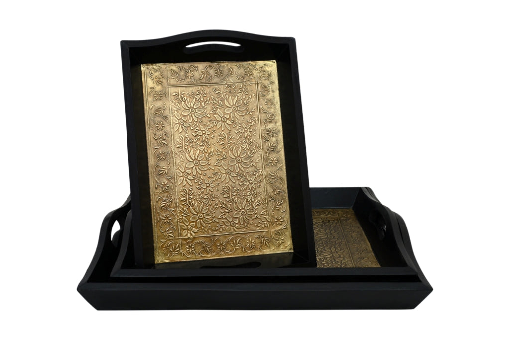 Wooden and Brass Floral Engraved Foil Serving Tray-ArtyCraftz.com