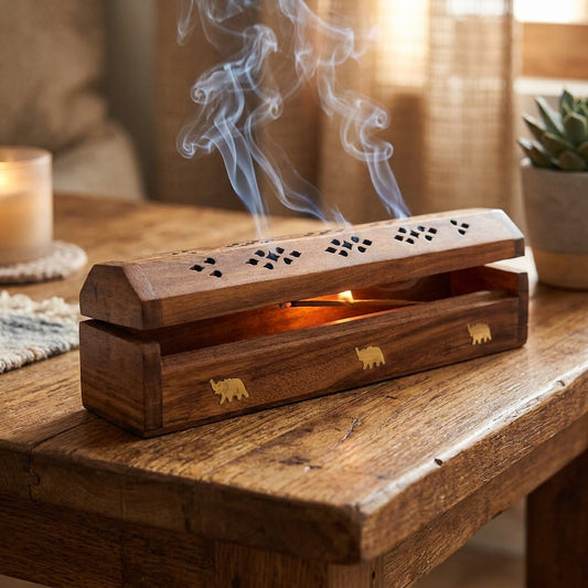 Wooden incense holder box with decorative smoke openings, brown finish and golden elephant accents, 30 cm.-artycraftz.com