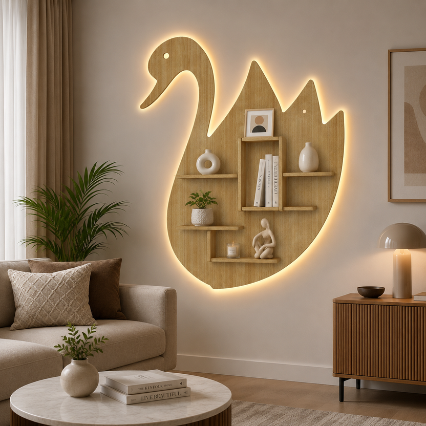 Wooden swan-shaped wall shelf with oak finish and LED backlighting-ArtyCraftz.com