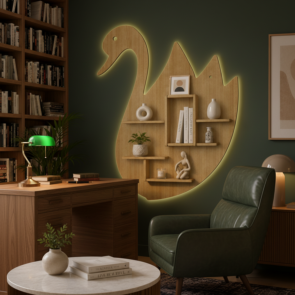 Wooden swan-shaped wall shelf with oak finish and LED backlighting-ArtyCraftz.com