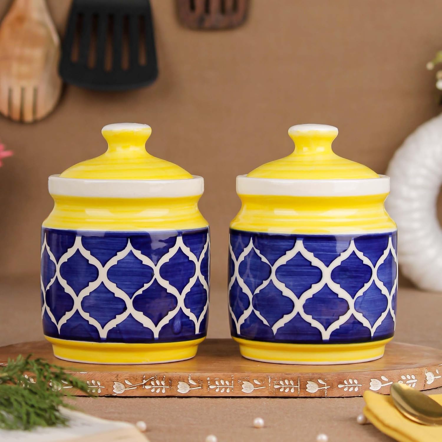 Yellow & Blue Moroccan Ceramic Jars-ArtyCraftz.com