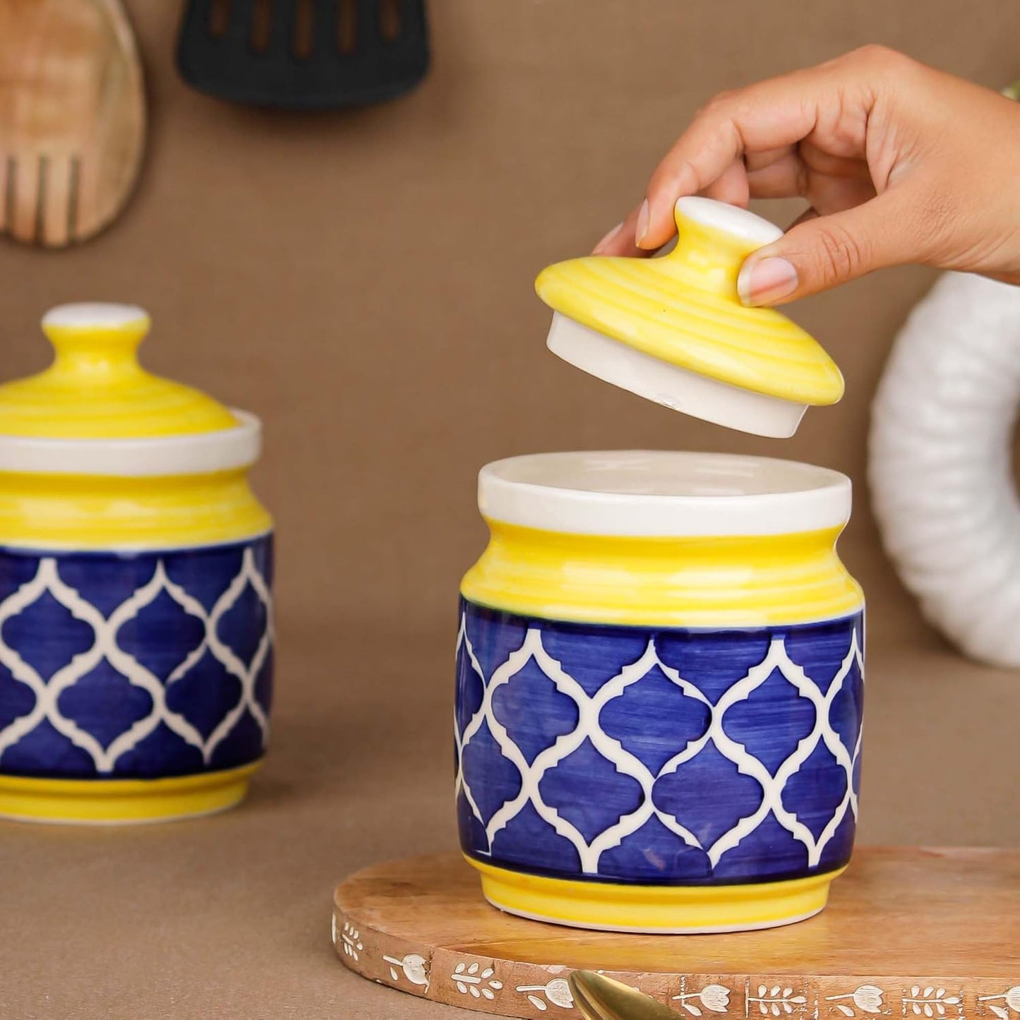 Yellow & Blue Moroccan Ceramic Jars-ArtyCraftz.com