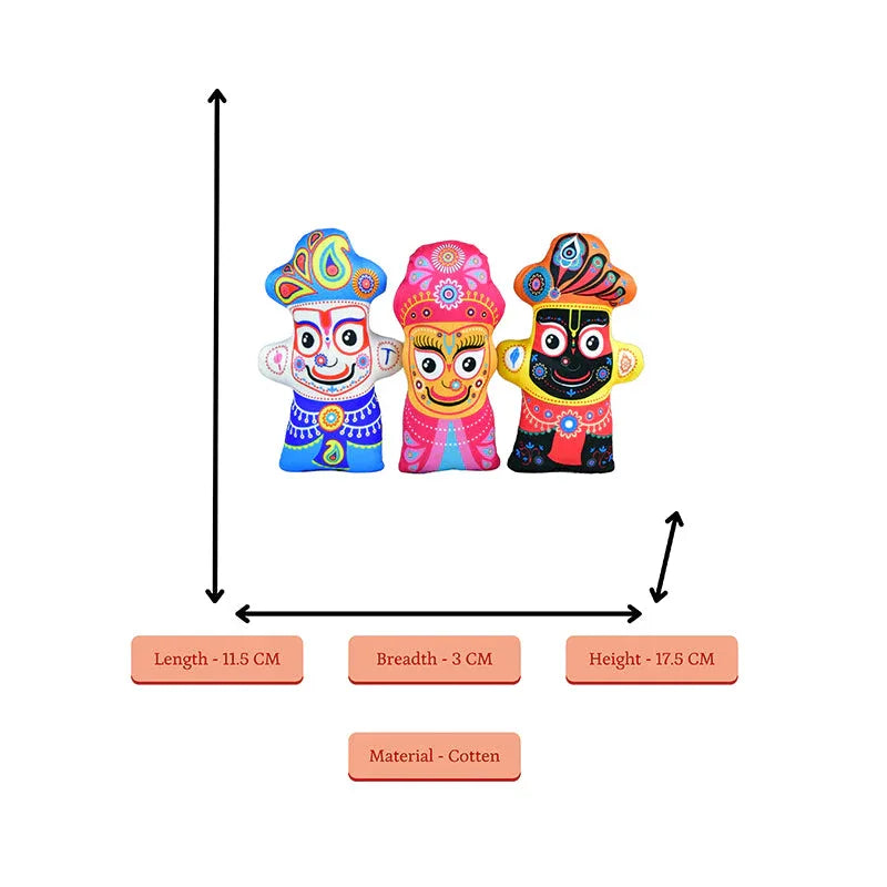 Three colorful dolls with measurements on a white background