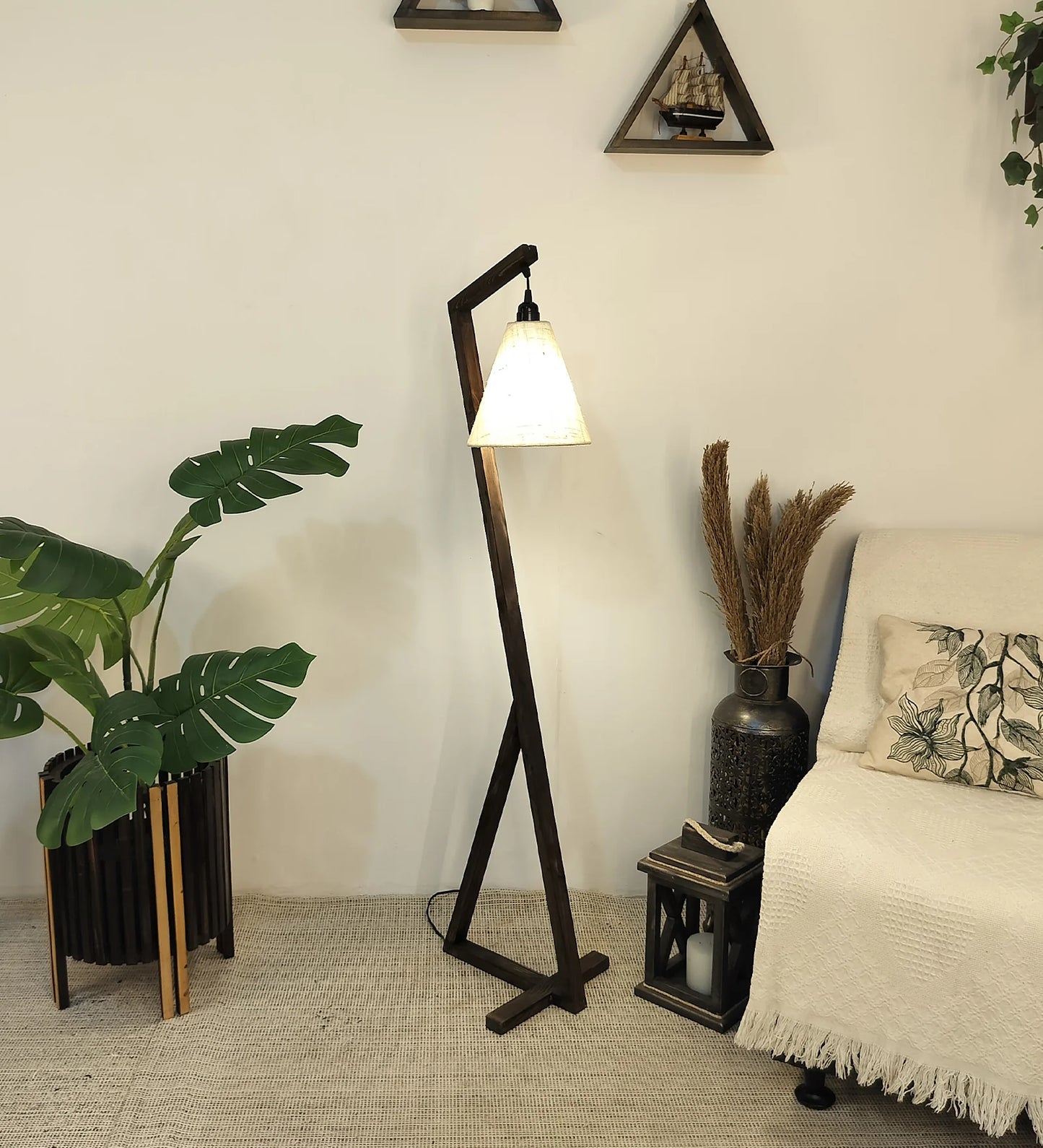 Zed Wooden Floor Lamp with Brown Base and Beige Fabric Lampshade - ArtyCraftz.com