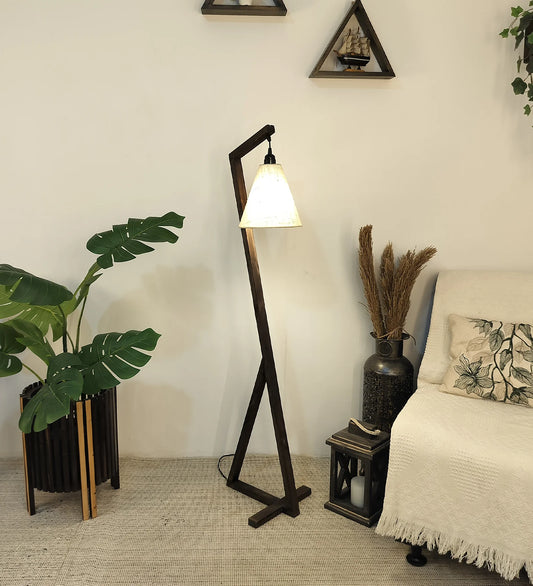 Zed Wooden Floor Lamp with Brown Base and Beige Fabric Lampshade - ArtyCraftz.com