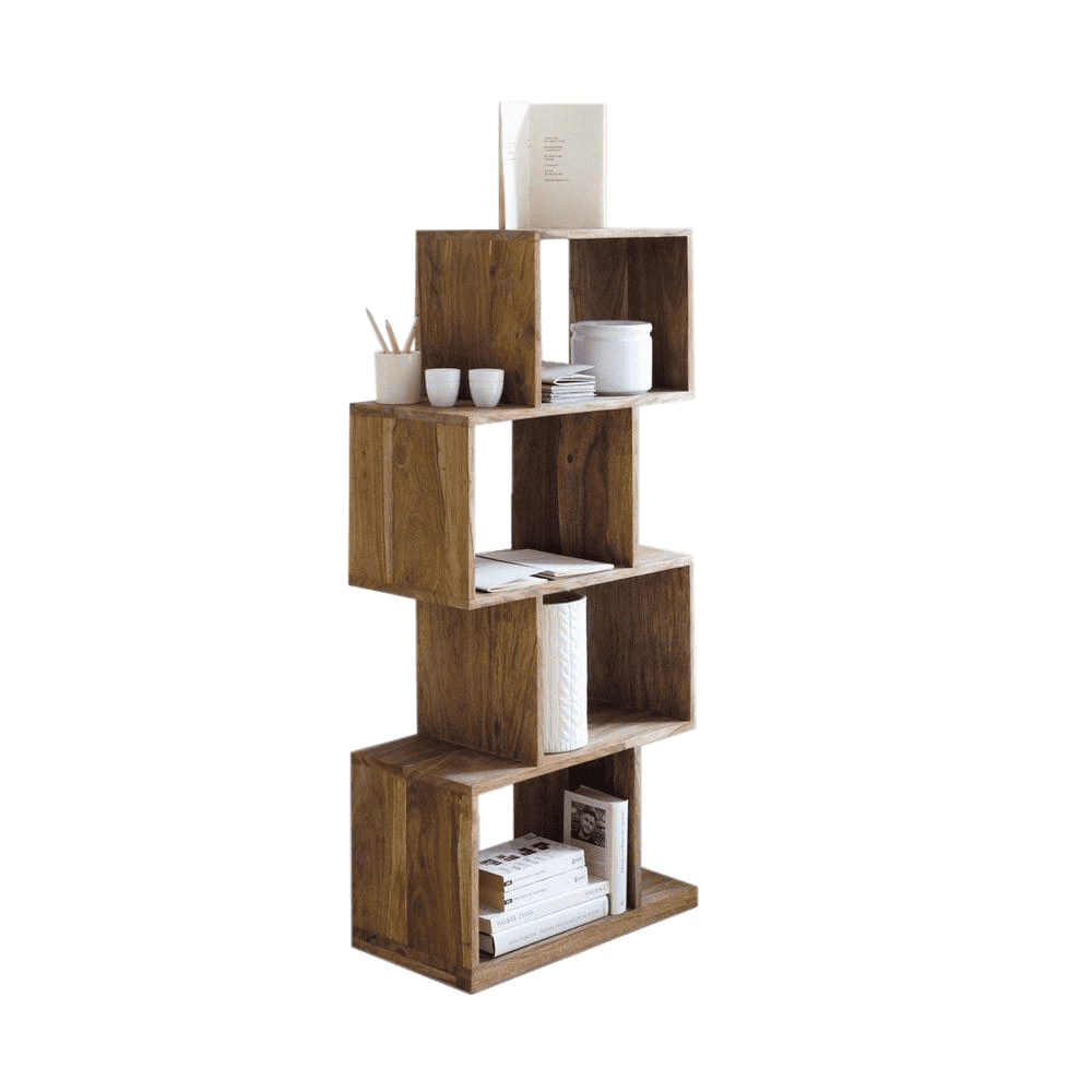 Wooden bookshelf with various items on a green background