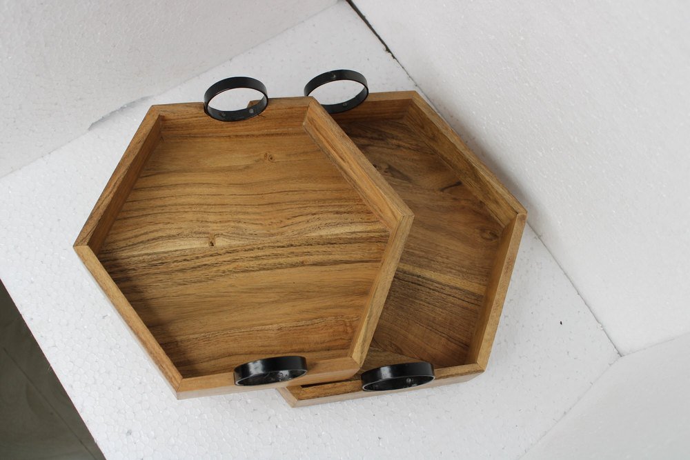 Acacia Wood Hexagon Tray with Metal Handle - ArtyCraftz