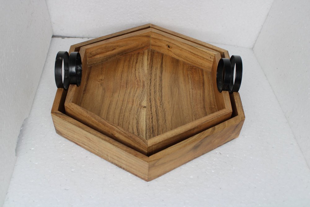 Acacia Wood Hexagon Tray with Metal Handle - ArtyCraftz