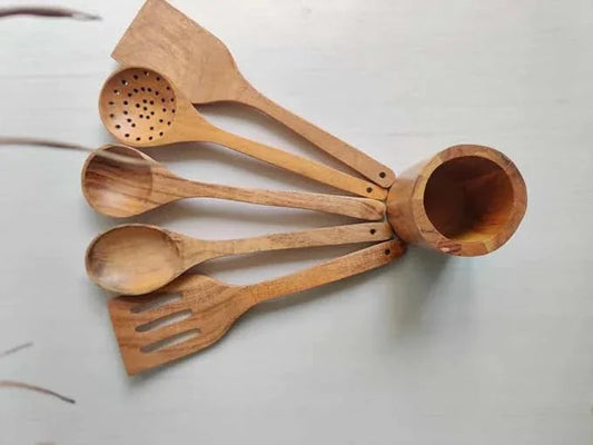 Acacia Wooden Spoons Set With Holder - ArtyCraftz