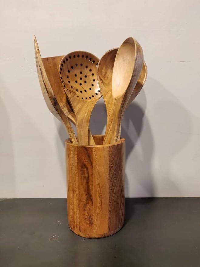Acacia Wooden Spoons Set With Holder - ArtyCraftz