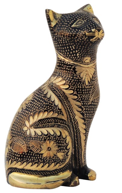 Brass Floral Engraved Sitting Cat Figurine -6 Inch