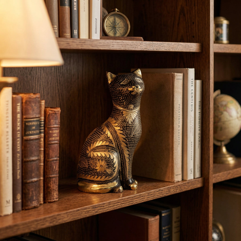 Brass Floral Engraved Sitting Cat Figurine -6 Inch