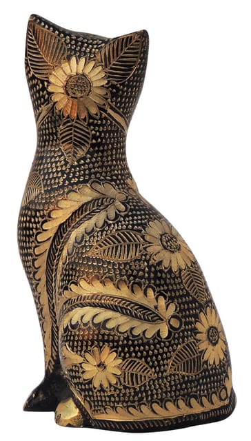 Brass Floral Engraved Sitting Cat Figurine -6 Inch