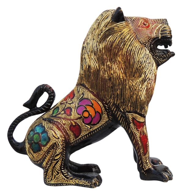 Brass Lion with Black Meena Work Showpiece