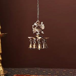 Peacock Design Brass Hanging Diya with Bells, Height: 14 Inches