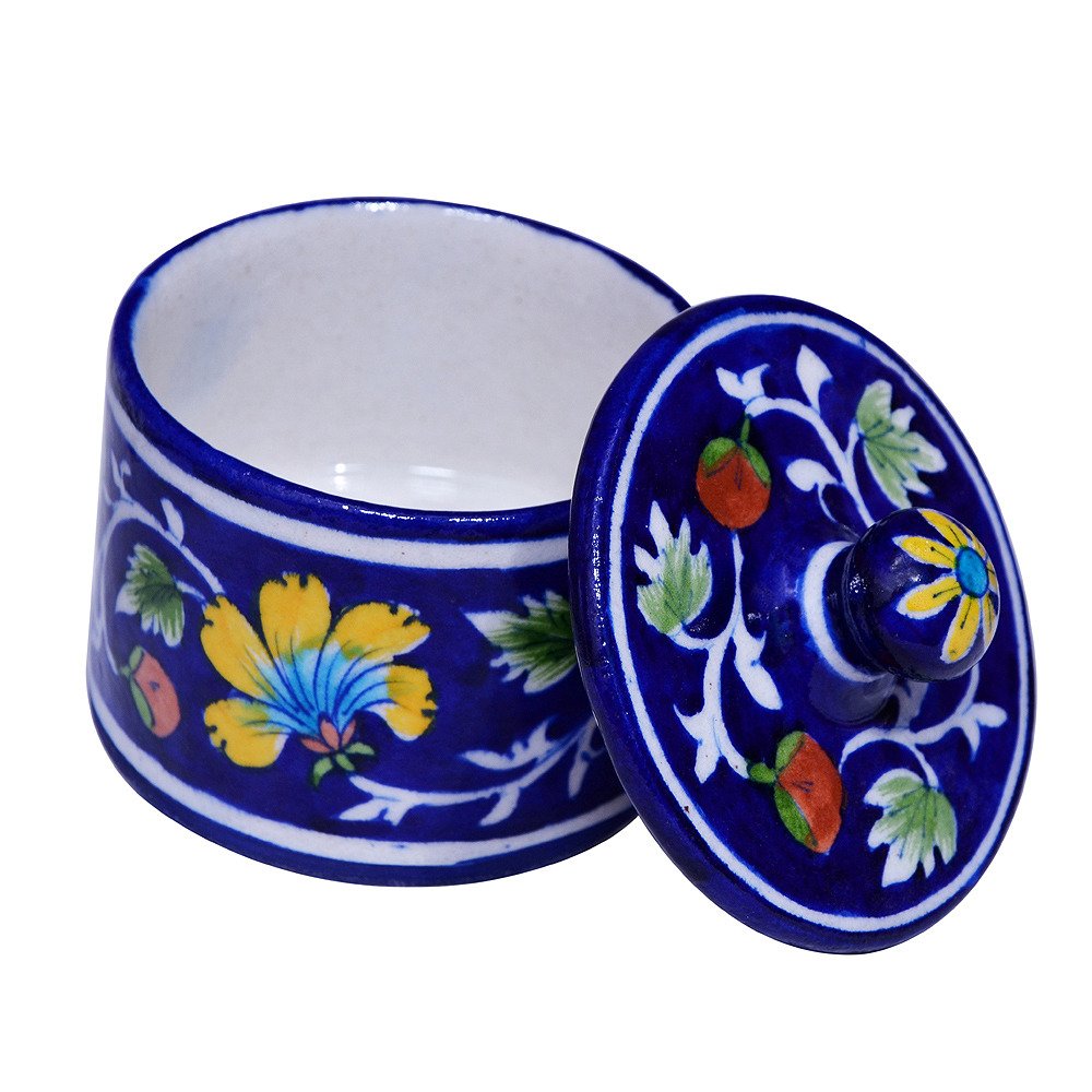 blue pottery floral storage jar with decorative lid-ArtyCraftz.com