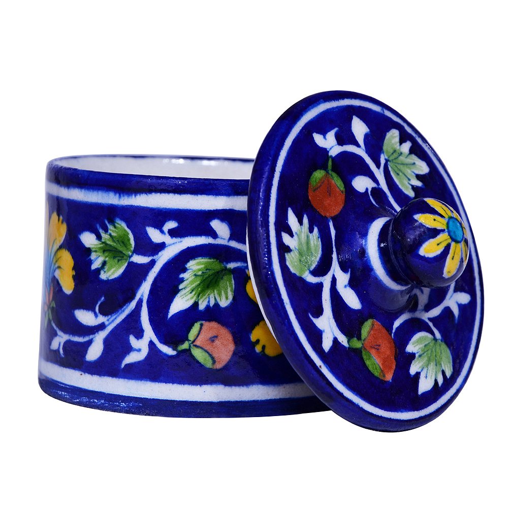 blue pottery floral storage jar with decorative lid-ArtyCraftz.com