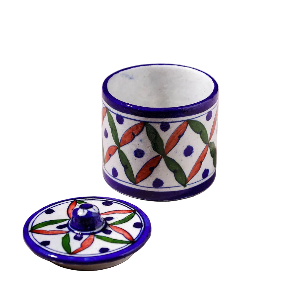 blue pottery floral storage jar with lid handcrafted colorful design-ArtyCraftz.com