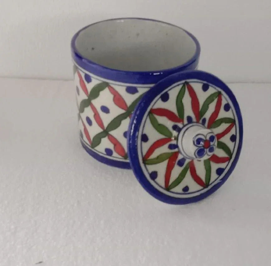 blue pottery floral storage jar with lid handcrafted colorful design-ArtyCraftz.com