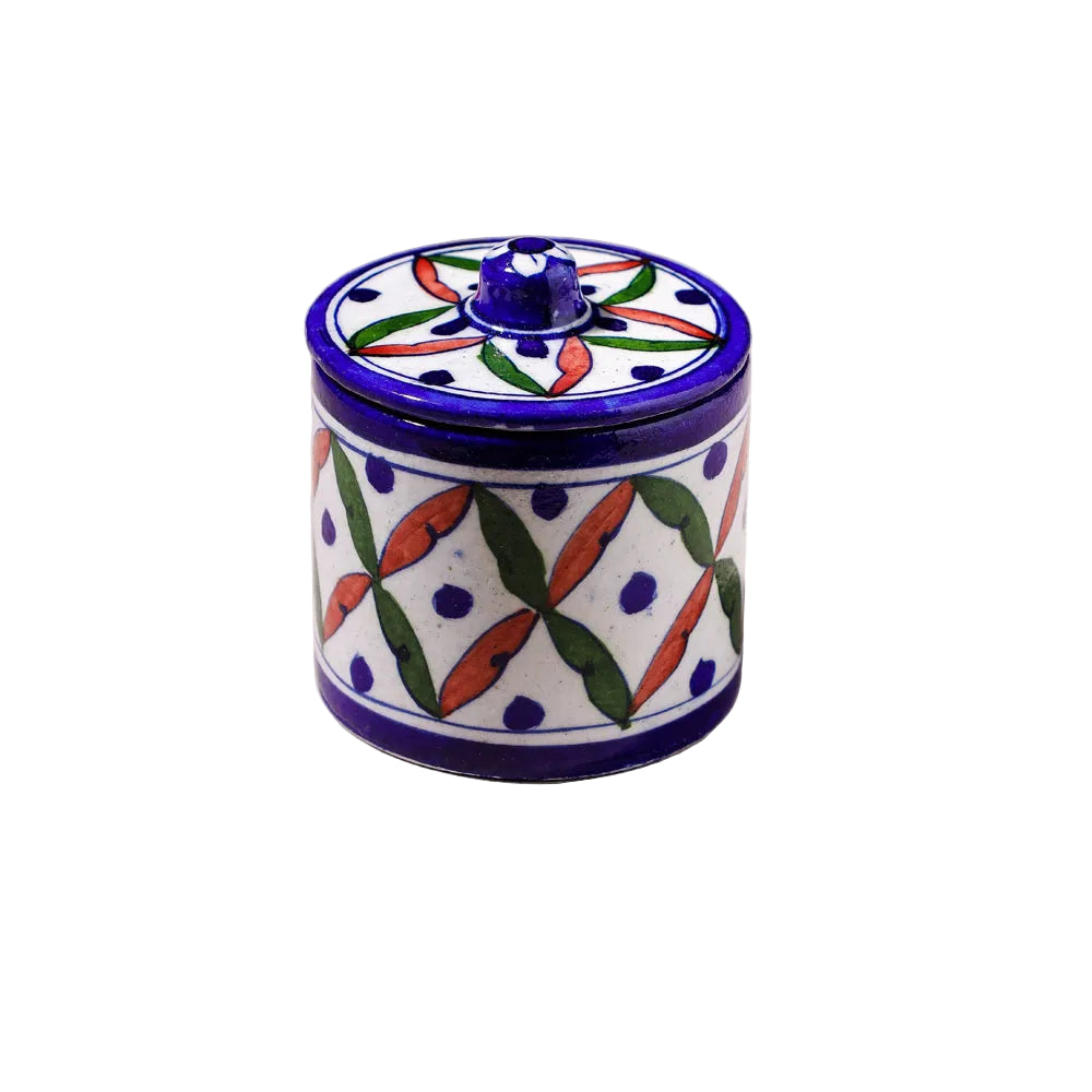 blue pottery floral storage jar with lid handcrafted colorful design-ArtyCraftz.com
