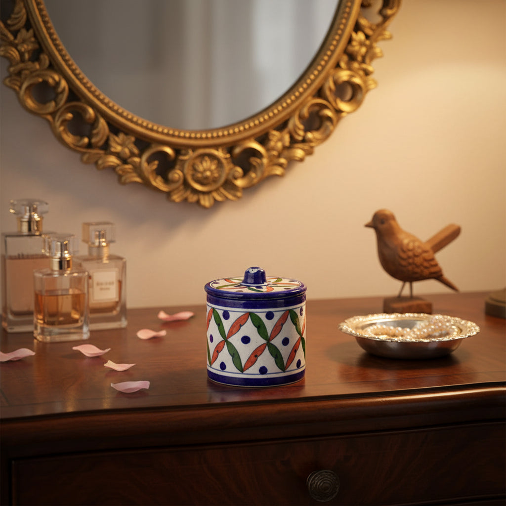 blue pottery floral storage jar with lid handcrafted colorful design-ArtyCraftz.com