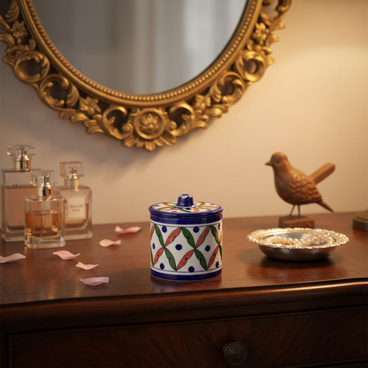 blue pottery floral storage jar with lid handcrafted colorful design-ArtyCraftz.com