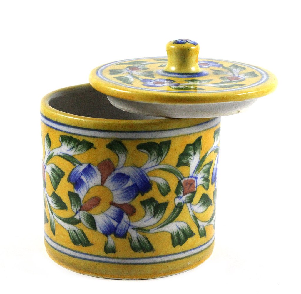 blue pottery floral storage jar with lid yellow hand painted design-ArtyCraftz.com