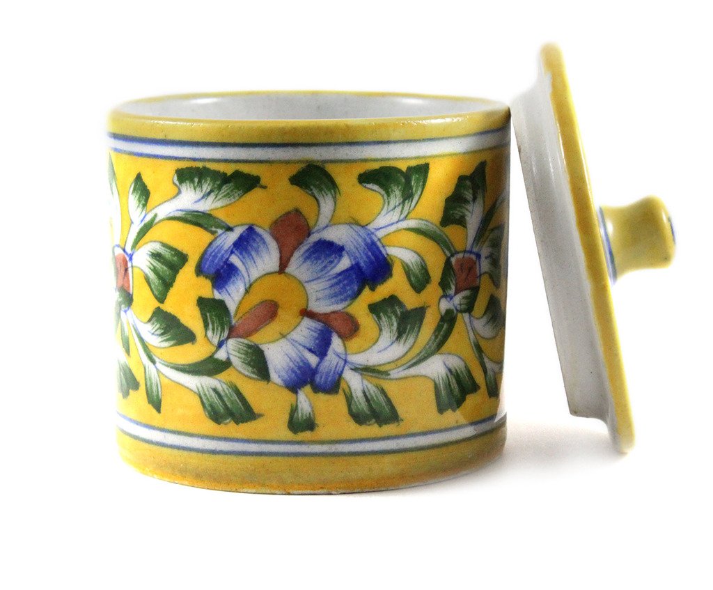 blue pottery floral storage jar with lid yellow hand painted design-ArtyCraftz.com