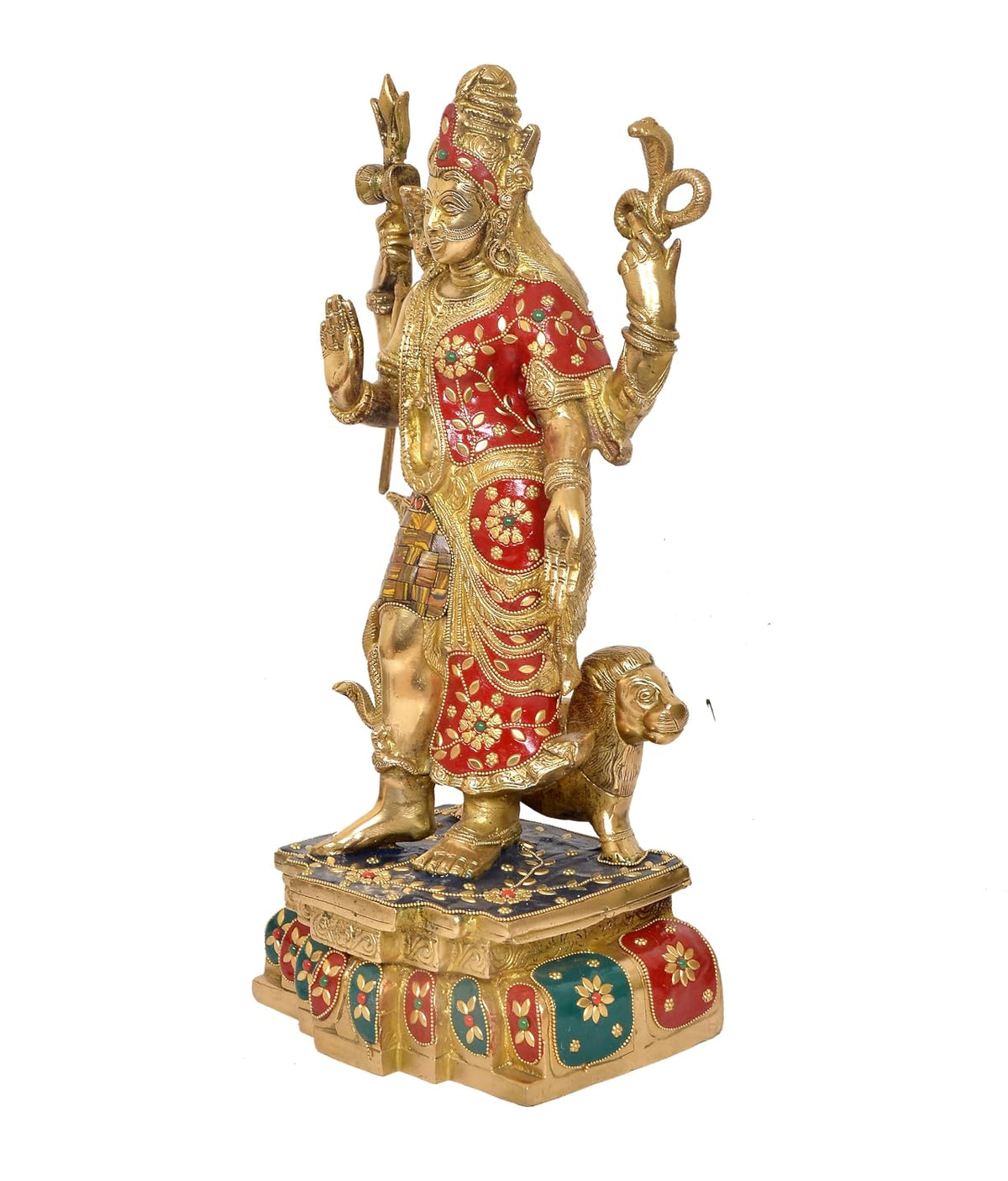 Brass Ardhanarishvara statue with golden finish, red and green decorative accents and ornate pedestal-artycraftz.com