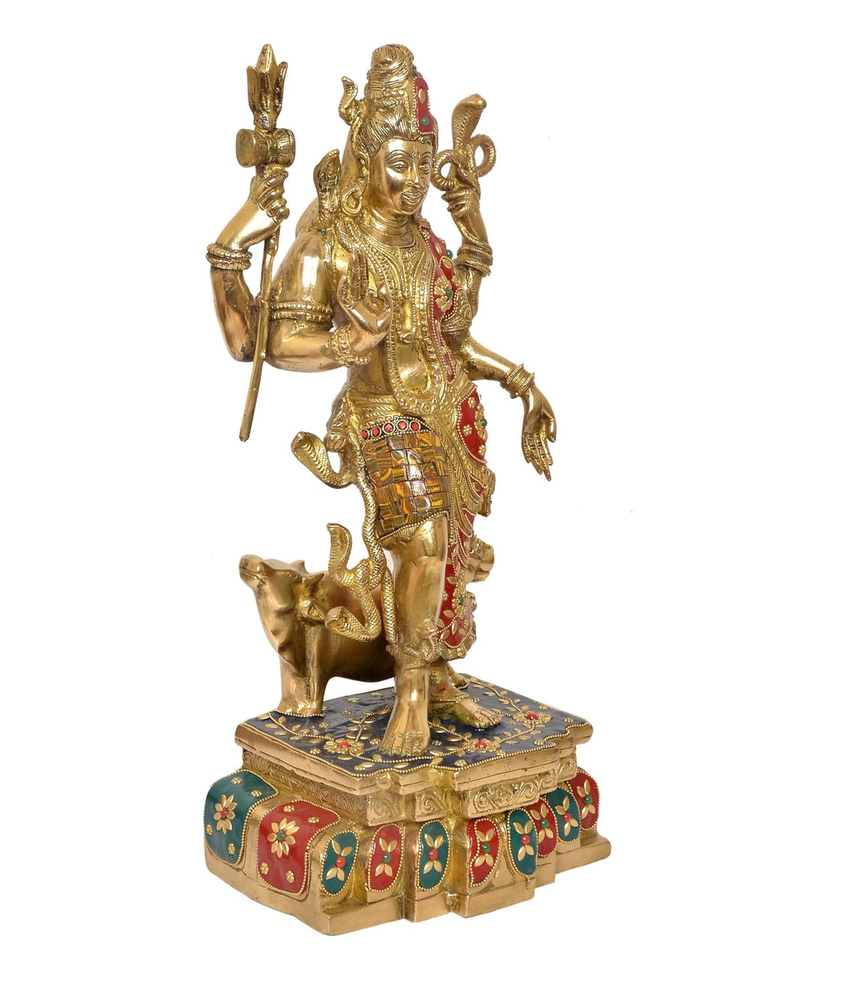 Brass Ardhanarishvara statue with golden finish, red and green decorative accents and ornate pedestal-artycraftz.com
