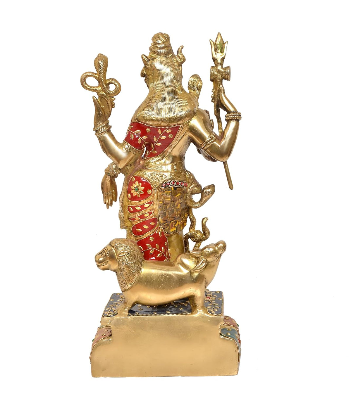 Brass Ardhanarishvara statue with golden finish, red and green decorative accents and ornate pedestal-artycraftz.com