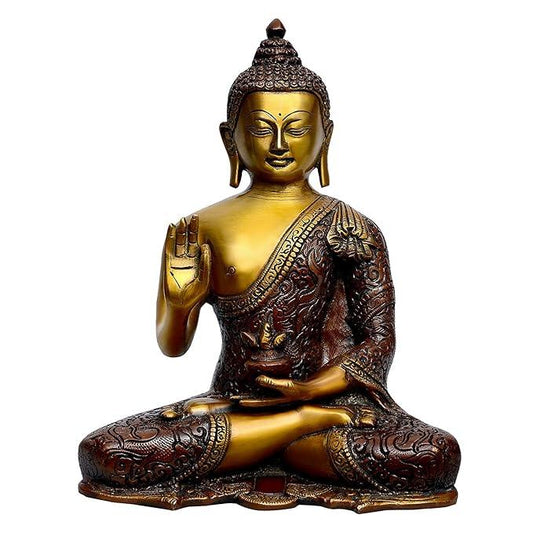 Handcrafted 10.25-inch solid brass Buddha idol seated in Abhaya Mudra, two-tone antique gold and deep brown finish with extensively engraved narrative robe, on lotus base — ArtyCraftz