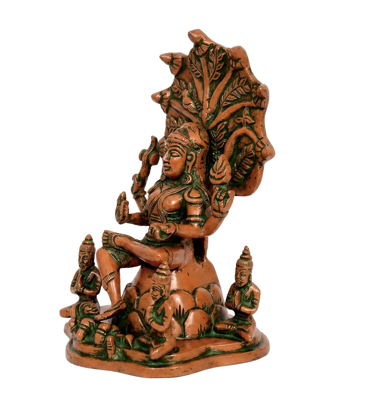 Brass Dakshinamurti statue seated beneath an ornate tree-inspired backdrop with detailed sculpting-artycraftz.com