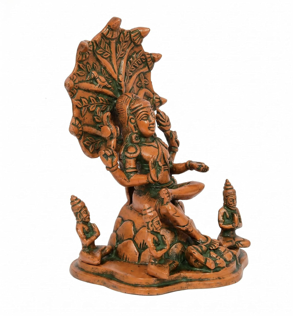 Brass Dakshinamurti statue seated beneath an ornate tree-inspired backdrop with detailed sculpting-artycraftz.com