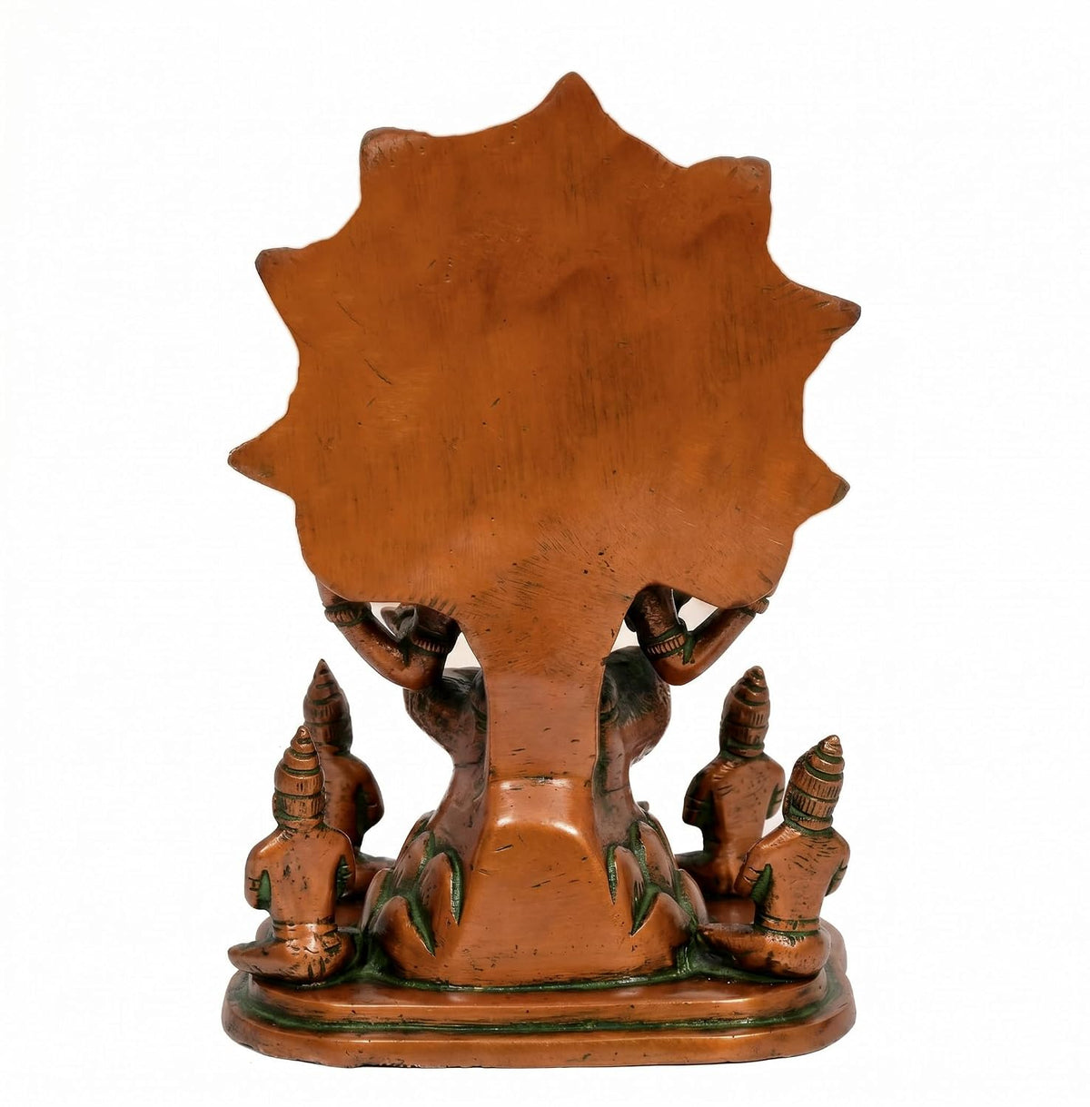 Brass Dakshinamurti statue seated beneath an ornate tree-inspired backdrop with detailed sculpting-artycraftz.com