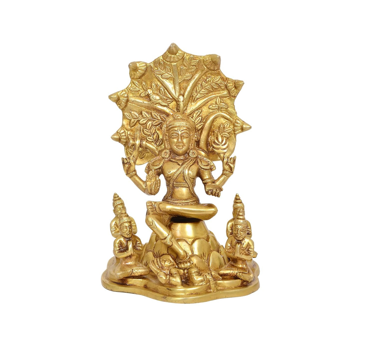 Brass Dakshinamurti statue seated beneath an ornate tree-inspired backdrop with detailed sculpting-artycraftz.com